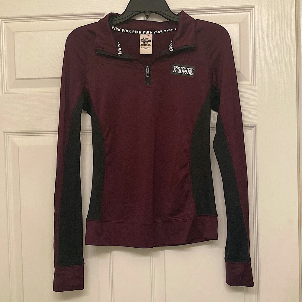 Sporty PINK long sleeve. Black and dark purple with white writing
